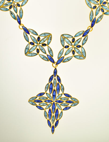 Vintage YSL Blue Aqua Rhinestone Four Point Star Necklace