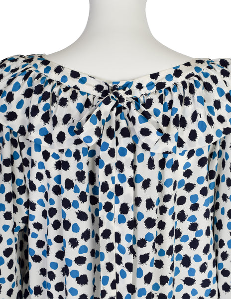 Yves Saint Laurent Vintage SS 1984 White Blue Brushstroke Print Silk Ruffle Dress
