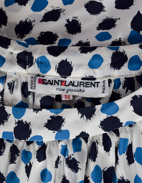 Yves Saint Laurent Vintage SS 1984 White Blue Brushstroke Print Silk Ruffle Dress