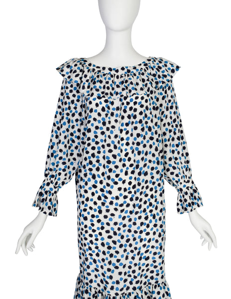 Yves Saint Laurent Vintage SS 1984 White Blue Brushstroke Print Silk Ruffle Dress
