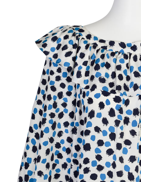 Yves Saint Laurent Vintage SS 1984 White Blue Brushstroke Print Silk Ruffle Dress
