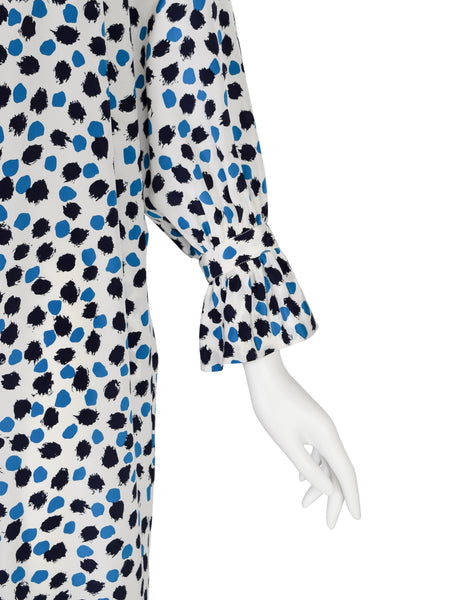 Yves Saint Laurent Vintage SS 1984 White Blue Brushstroke Print Silk Ruffle Dress