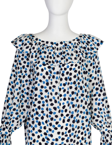 Yves Saint Laurent Vintage SS 1984 White Blue Brushstroke Print Silk Ruffle Dress