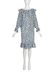 Yves Saint Laurent Vintage SS 1984 White Blue Brushstroke Print Silk Ruffle Dress