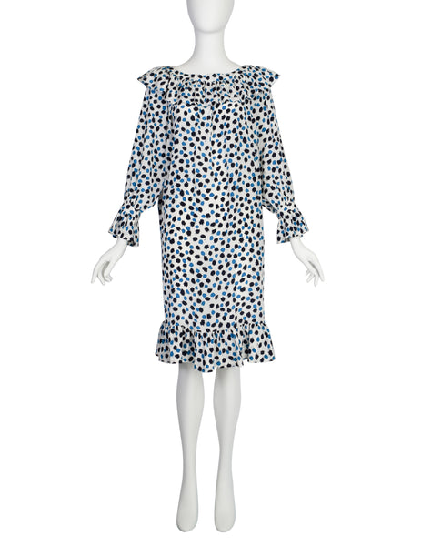 Yves Saint Laurent Vintage SS 1984 White Blue Brushstroke Print Silk Ruffle Dress
