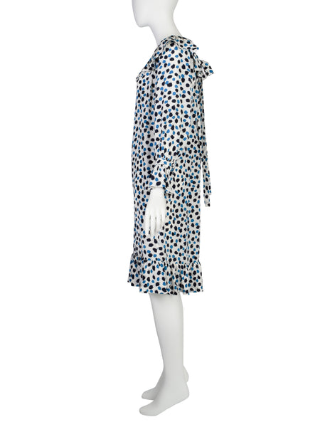 Yves Saint Laurent Vintage SS 1984 White Blue Brushstroke Print Silk Ruffle Dress