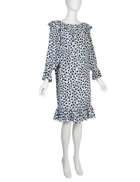 Yves Saint Laurent Vintage SS 1984 White Blue Brushstroke Print Silk Ruffle Dress
