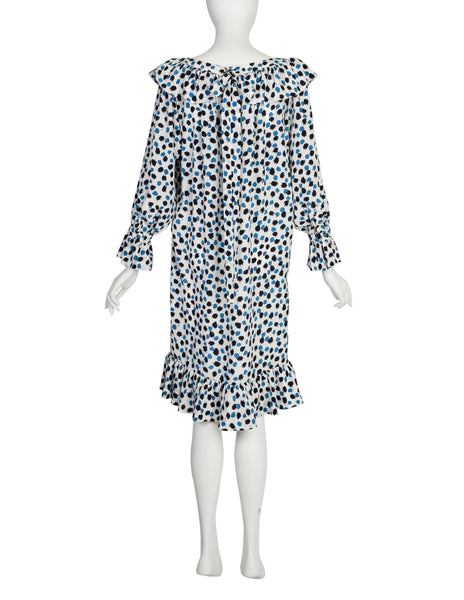 Yves Saint Laurent Vintage SS 1984 White Blue Brushstroke Print Silk Ruffle Dress