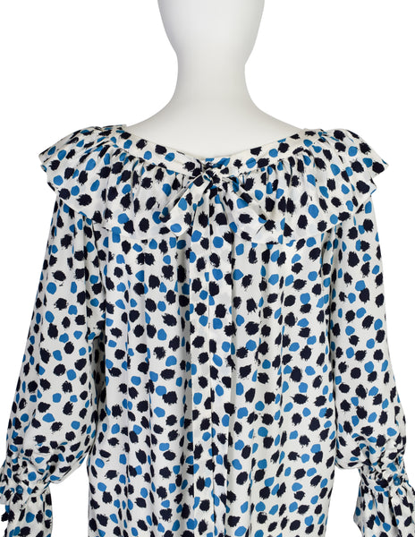 Yves Saint Laurent Vintage SS 1984 White Blue Brushstroke Print Silk Ruffle Dress