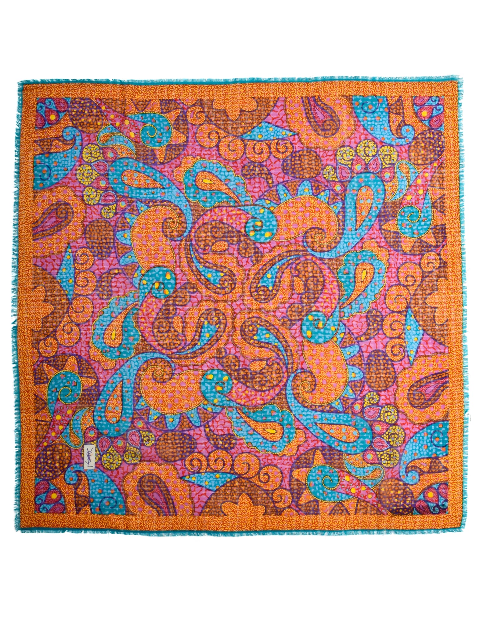Yves Saint Laurent Vintage 1970s Vibrant Multicolor Paisley Mosaic Woven Wool Scarf
