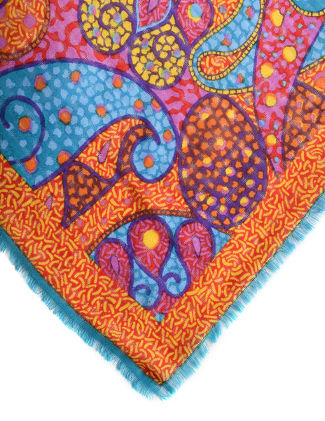 Yves Saint Laurent Vintage 1970s Vibrant Multicolor Paisley Mosaic Woven Wool Scarf