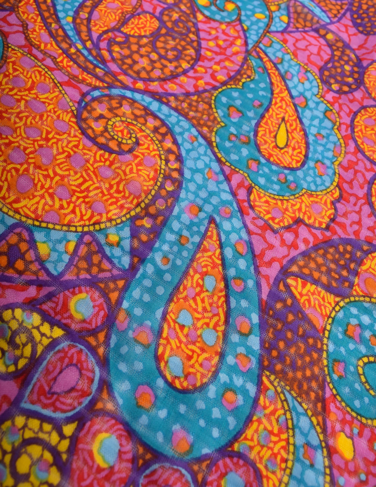 Yves Saint Laurent Vintage 1970s Vibrant Multicolor Paisley Mosaic Woven Wool Scarf