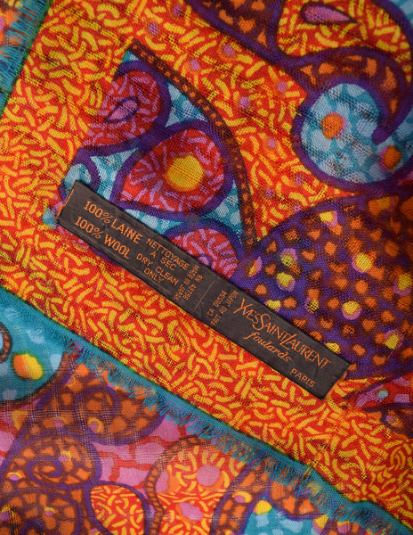 Yves Saint Laurent Vintage 1970s Vibrant Multicolor Paisley Mosaic Woven Wool Scarf
