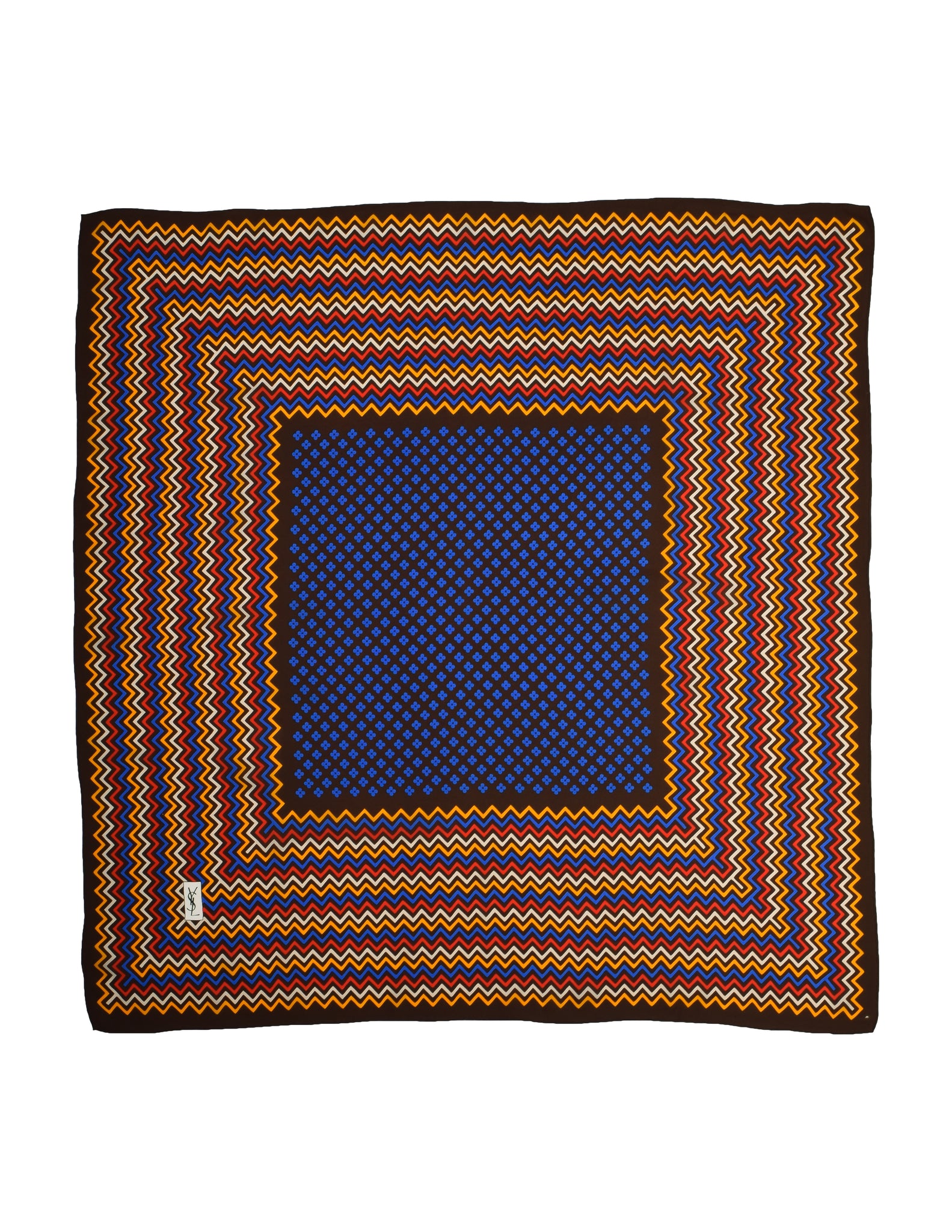 Yves Saint Laurent Vintage 1980s Dark Brown Multicolor Chevron Silk Scarf