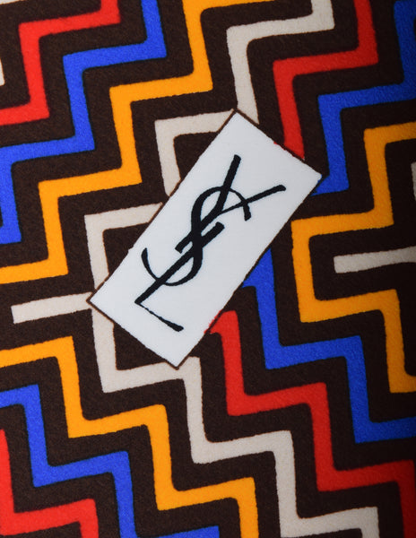 Yves Saint Laurent Vintage 1980s Dark Brown Multicolor Chevron Silk Scarf