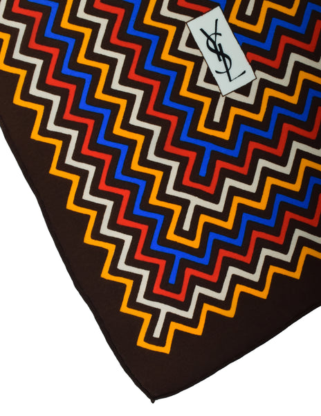 Yves Saint Laurent Vintage 1980s Dark Brown Multicolor Chevron Silk Scarf