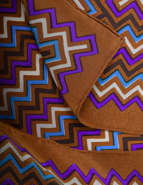 Yves Saint Laurent Vintage 1980s Brown Multicolor Chevron Silk Scarf