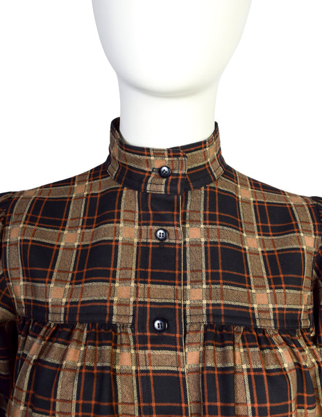 Yves Saint Laurent Vintage AW 1977 Brown Plaid A-Line Smock Tent Dress
