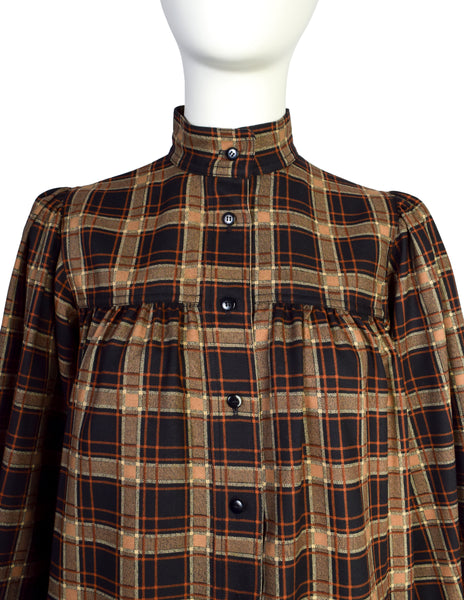 Yves Saint Laurent Vintage AW 1977 Brown Plaid A-Line Smock Tent Dress