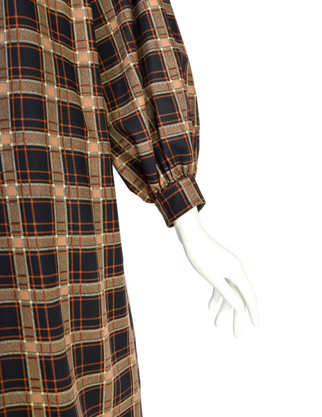 Yves Saint Laurent Vintage AW 1977 Brown Plaid A-Line Smock Tent Dress