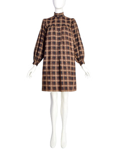 Yves Saint Laurent Vintage AW 1977 Brown Plaid A-Line Smock Tent Dress