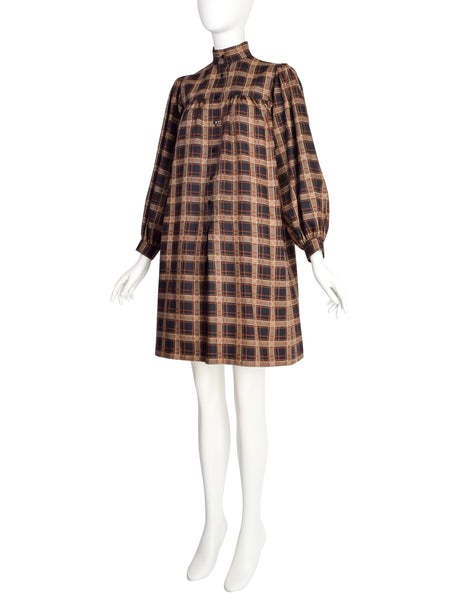 Yves Saint Laurent Vintage AW 1977 Brown Plaid A-Line Smock Tent Dress