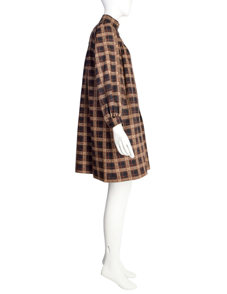 Yves Saint Laurent Vintage AW 1977 Brown Plaid A-Line Smock Tent Dress
