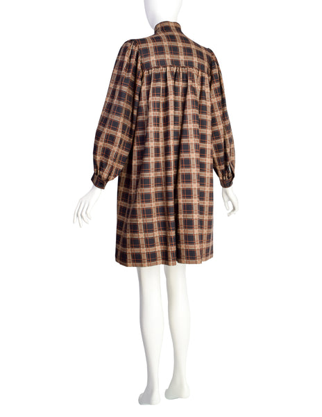 Yves Saint Laurent Vintage AW 1977 Brown Plaid A-Line Smock Tent Dress