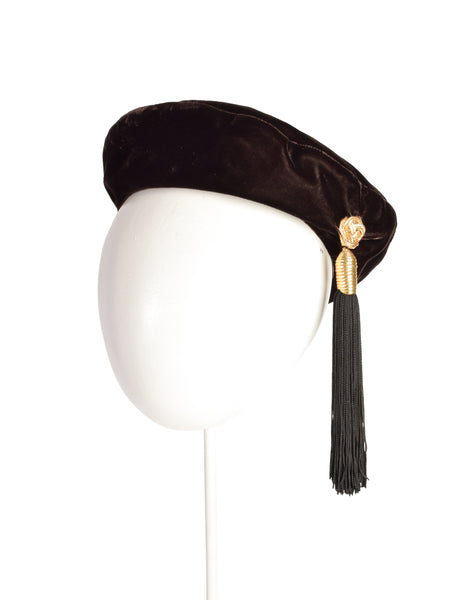 Yves Saint Laurent Vintage 1976 Russian Collection Brown Velvet Tassel Beret Hat