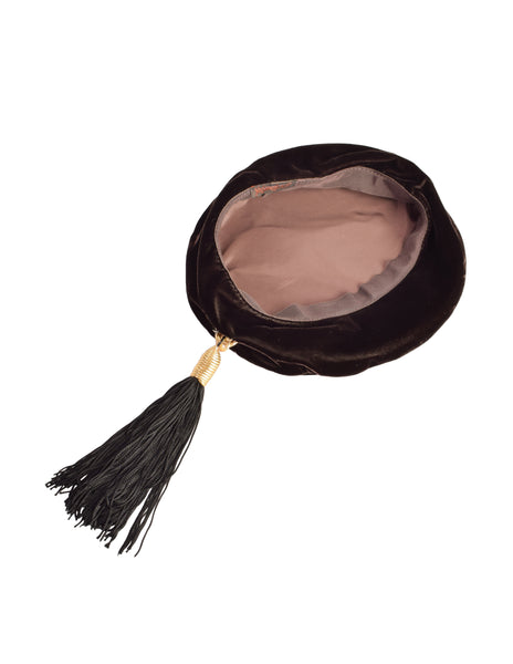 Yves Saint Laurent Vintage 1976 Russian Collection Brown Velvet Tassel Beret Hat