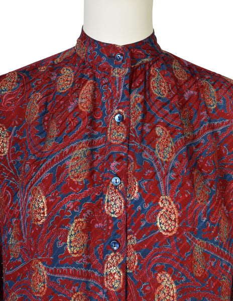 Yves Saint Laurent Vintage 1970s Maroon Blue Gold Metallic Paisley Silk Jacquard Shirt