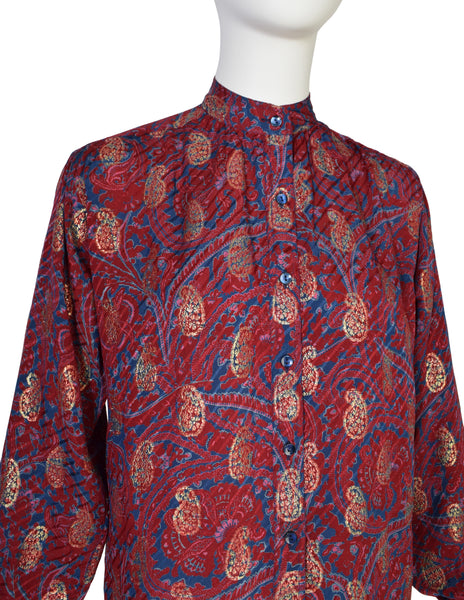 Yves Saint Laurent Vintage 1970s Maroon Blue Gold Metallic Paisley Silk Jacquard Shirt