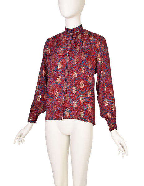 Yves Saint Laurent Vintage 1970s Maroon Blue Gold Metallic Paisley Silk Jacquard Shirt