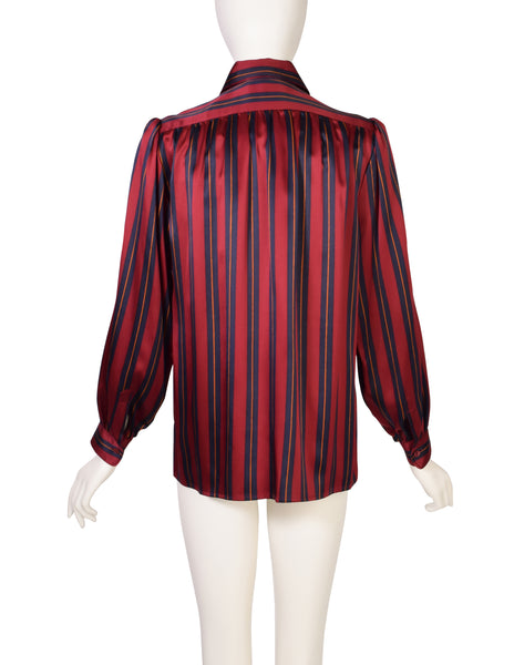 Yves Saint Laurent Vintage Maroon Navy Striped Silk Charmeuse Button Up Shirt