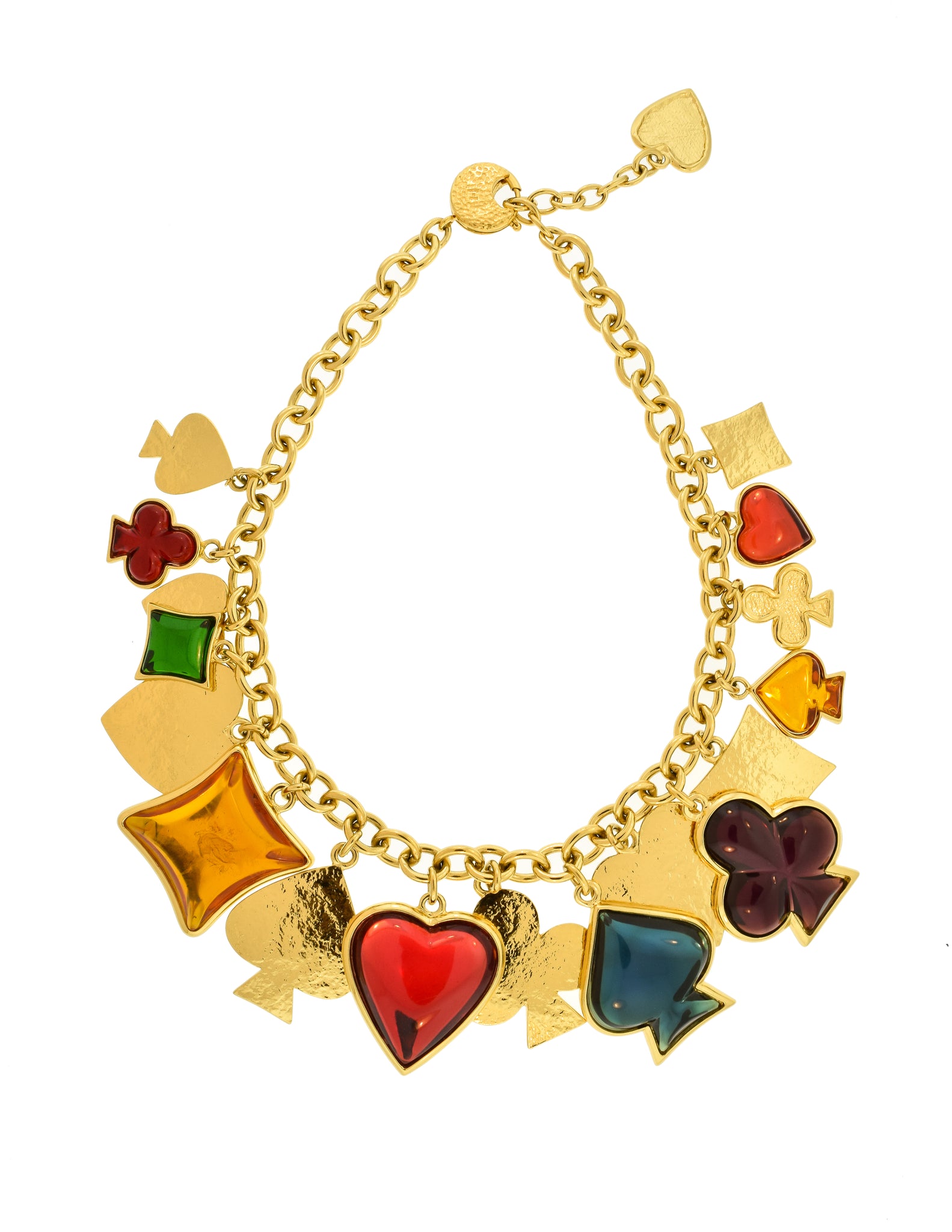 YSL Vintage Multicolor Playing Card Suits Pendant Charm Gold Collar Necklace