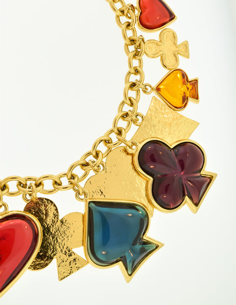 YSL Vintage Multicolor Playing Card Suits Pendant Charm Gold Collar Necklace