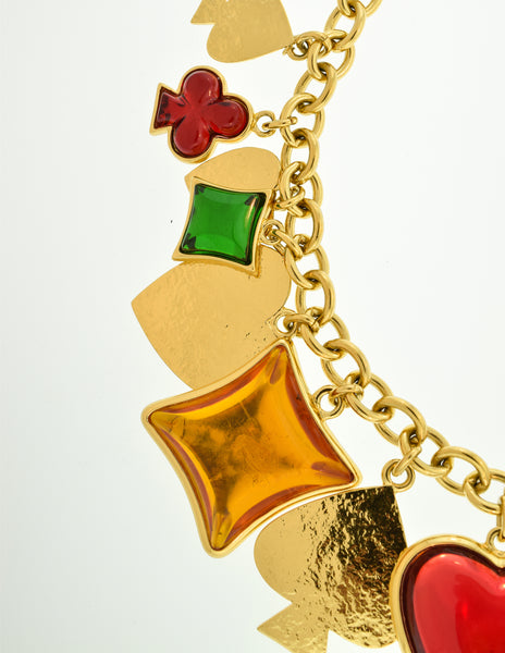 YSL Vintage Multicolor Playing Card Suits Pendant Charm Gold Collar Necklace