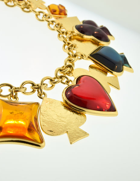 YSL Vintage Multicolor Playing Card Suits Pendant Charm Gold Collar Necklace