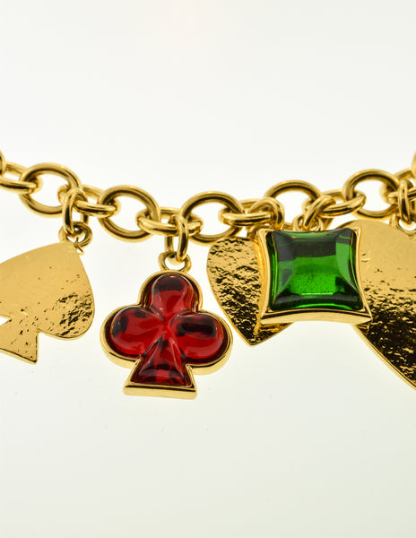 YSL Vintage Multicolor Playing Card Suits Pendant Charm Gold Collar Necklace