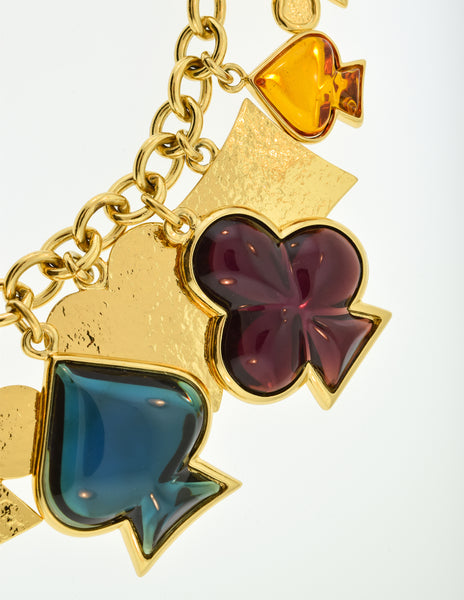 YSL Vintage Multicolor Playing Card Suits Pendant Charm Gold Collar Necklace