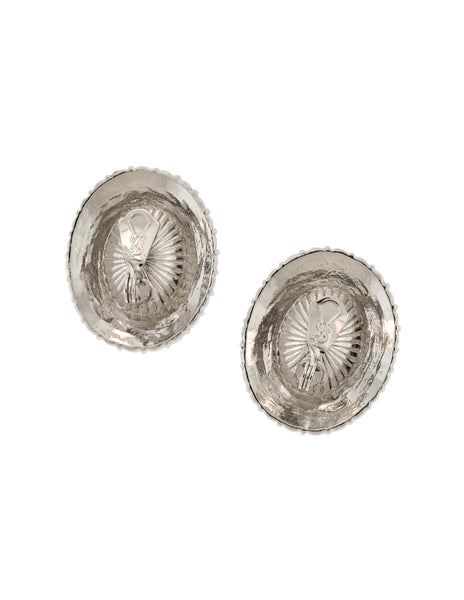 YSL Vintage Oversized Oval Clear Rhinestone Silver Statement Earrings