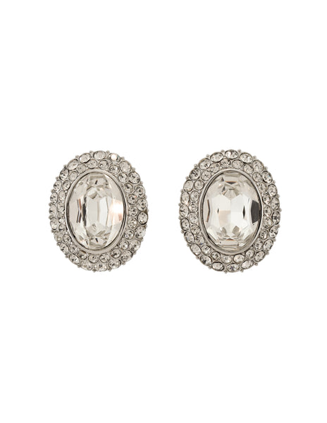 YSL Vintage Oversized Oval Clear Rhinestone Silver Statement Earrings