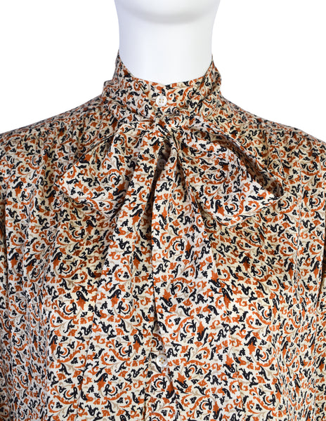 Yves Saint Laurent Vintage Cream Orange Black Fleur Silk Jacquard Lavalliere Tie Blouse