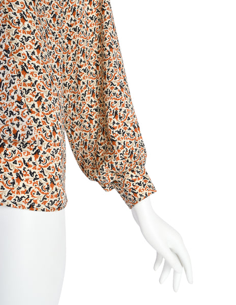 Yves Saint Laurent Vintage Cream Orange Black Fleur Silk Jacquard Lavalliere Tie Blouse