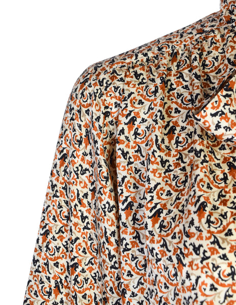 Yves Saint Laurent Vintage Cream Orange Black Fleur Silk Jacquard Lavalliere Tie Blouse