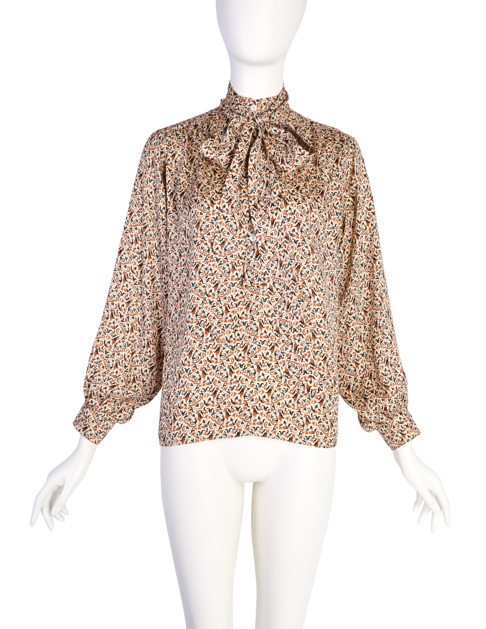 Yves Saint Laurent Vintage Cream Orange Black Fleur Silk Jacquard Lavalliere Tie Blouse
