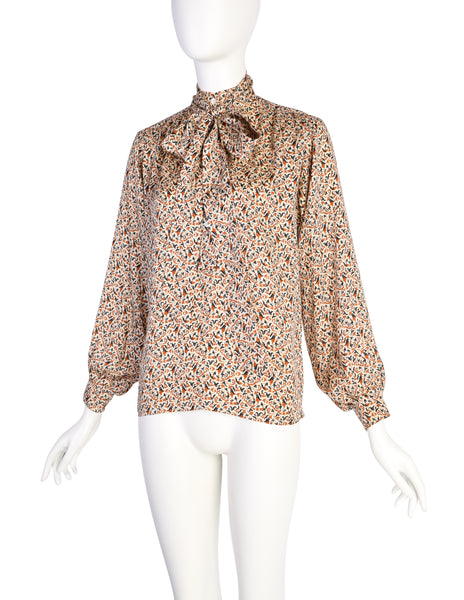 Yves Saint Laurent Vintage Cream Orange Black Fleur Silk Jacquard Lavalliere Tie Blouse