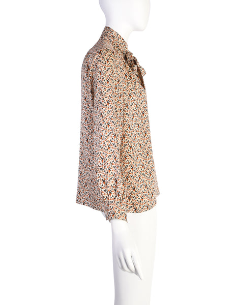 Yves Saint Laurent Vintage Cream Orange Black Fleur Silk Jacquard Lavalliere Tie Blouse