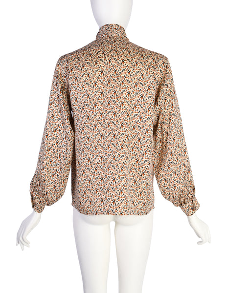 Yves Saint Laurent Vintage Cream Orange Black Fleur Silk Jacquard Lavalliere Tie Blouse