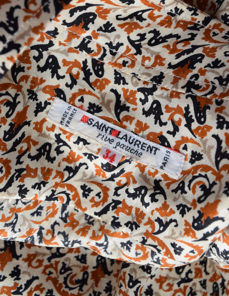 Yves Saint Laurent Vintage Cream Orange Black Fleur Silk Jacquard Lavalliere Tie Blouse